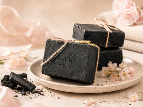 Charcoal bar tied with twine on a stoneware plate